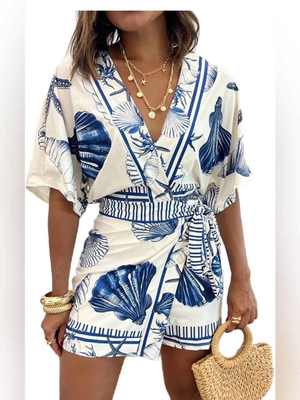 Blue & White Seashell Print Wrap Romper